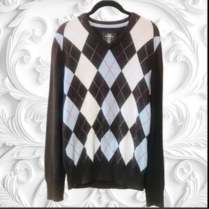 Brown & Blue Argyle Long Sleeve V-neck Shirt Size Small